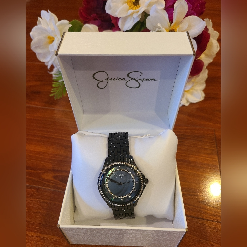 Jessica Simpson Black Metal Watch with Rhinestones